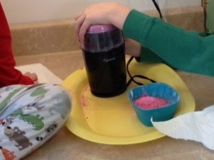 Old Coffee Grinder, Plastic Tray, started chalk grounds from knife method & little brother to help.